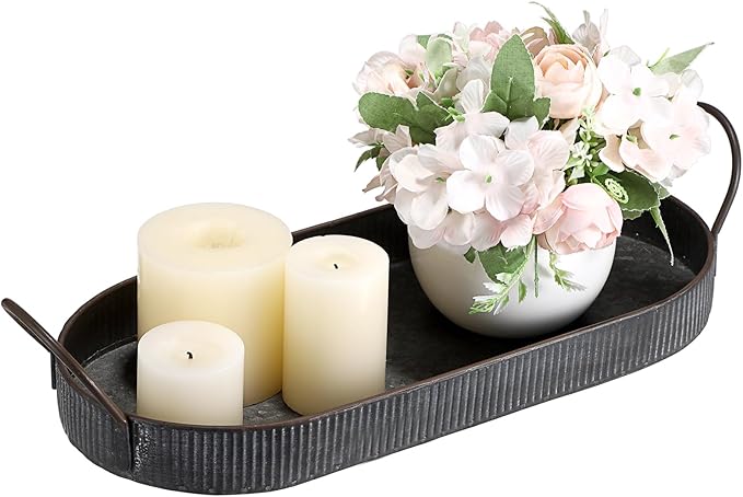 Hipiwe Oval Galvanized Metal Iron Tray with Handle, Industrial Style Storage Serving Tray Farmhouse Rustic Decorative Coffee Table Centerpiece for Home Decor