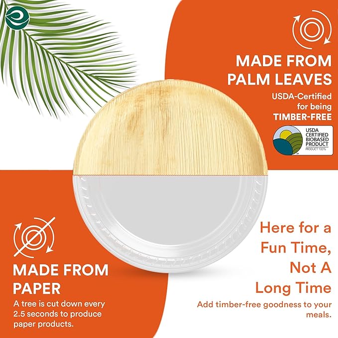ECO SOUL Palm Leaf Plates 8"(200 Count) Round Compostable Bamboo Plates Heavy- Duty, Biodegradable Eco-Friendly Dinnerware for Christmas Party Dinner, Wedding, Holiday & Event