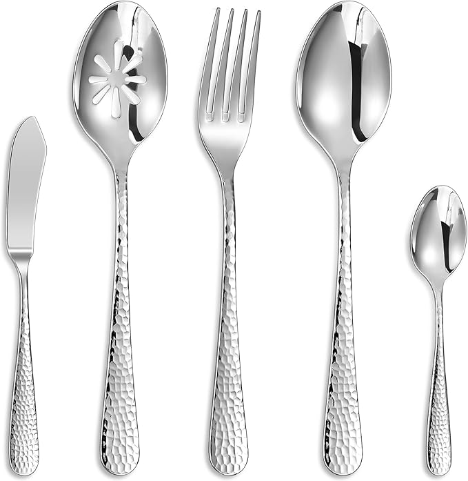 KEAWELL Premium Louise Hammered Serving Spoon Set, 18/10 Stainless Steel, 9" Fine Hostess Utensils With Round Edge, Dishwasher Safe