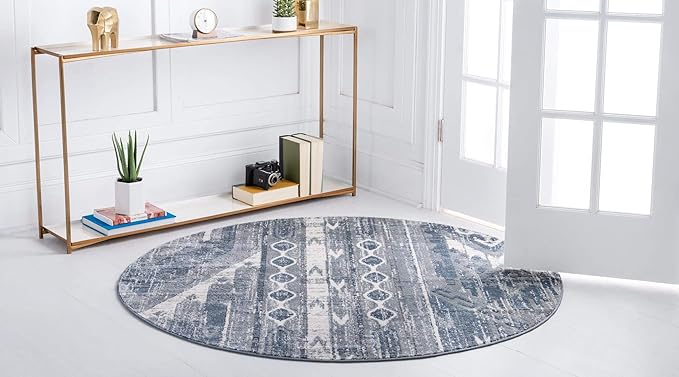 Rugs.com Oregon Collection Rug – 7 Ft Round Light Slate Blue Low-Pile Rug Perfect for Kitchens, Dining Rooms
