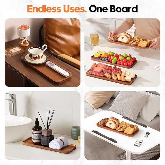 Solid Acacia Wood Serving Trays and Platters - Wooden Mini Charcuterie Boards, Rectangle Small Cheese Board for Food, Bathroom, Home Decor, Kitchen Counter, (14"x5.5", 6 Pack)