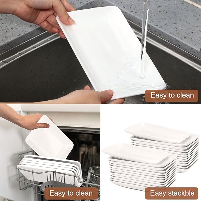 Irenare 12 Pcs 8 Inch Rectangular Salad Plates White Rectangular Porcelain Dessert Plates Appetizer Serving Tray Porcelain Platters for Fruit Sushi Dinner Parties, Microwave, Oven Safe