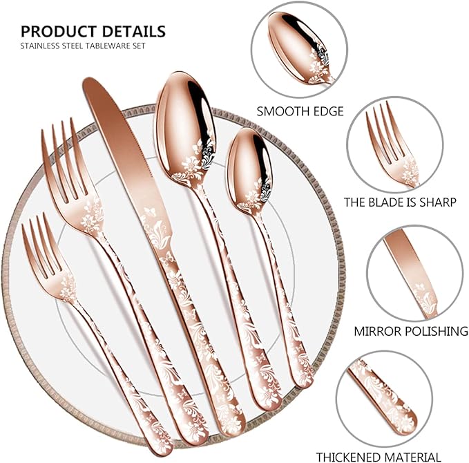 vilihkc 20 piece Unique Pattern Design Silverware Set, Stainless Steel Flatware Set Service for 4, Rose gold Cutlery Set, Mirror Polished Utensil Set for Kitchen, Dishwasher Safe