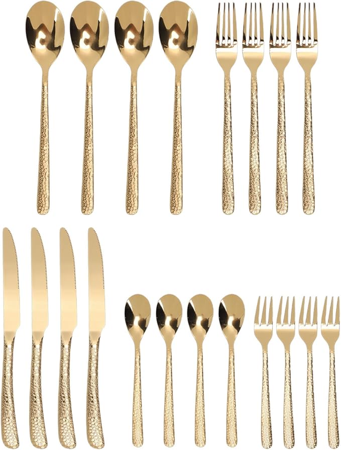 Pssopp Hammered Silverware Set, Serving Sets Flatware Set Service for 4 Person Home Party Wedding Eating Hammered Silverware, Stainless Steel Tableware Mirror Polished Cutlery (Gold)