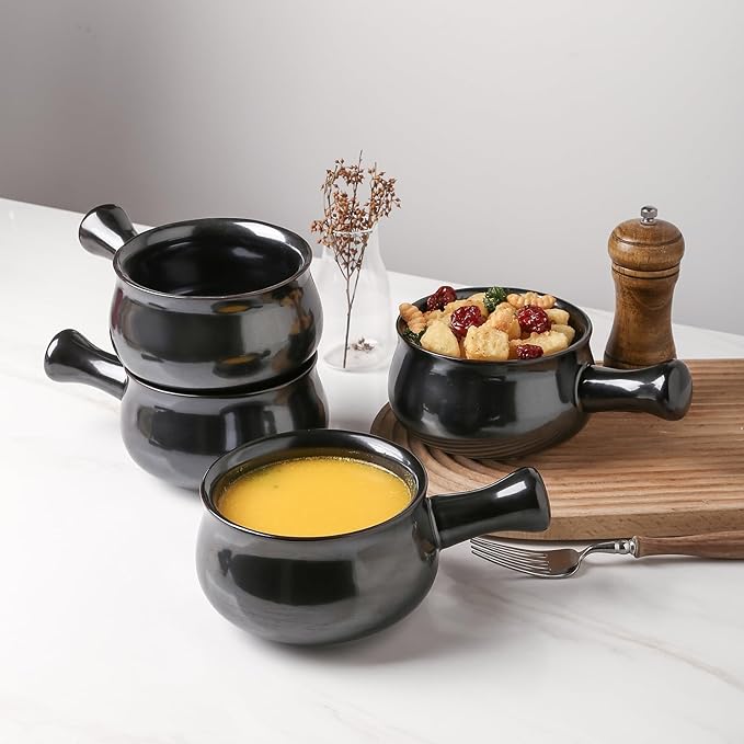 vicrays French Onion Soup Bowls With Handles, 26 Ounce for Soup, Chili, Beef Stew, Chip Resistant, Dishwasher Microwave Safe, Set of 4 (Black)