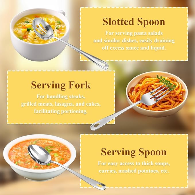 6 Pcs Serving Utensils Set, 11 Inch Silver Serving Utensil with 2xServing Spoons, 2xSlotted Spoons, 2xServing Forks, Stainless Steel Utensil Set for Party Banquet Catering Buffet
