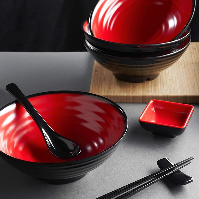 4 Noodle Bowls Set - large 32oz Ramen Bowl Set for authentic Asian Cuisine - with Dipping Bowls, Spoons, Chopsticks & Chopstick Stands. Enjoy Thai Miso Udon Wonton (4 Bowl Set, Red-Black)
