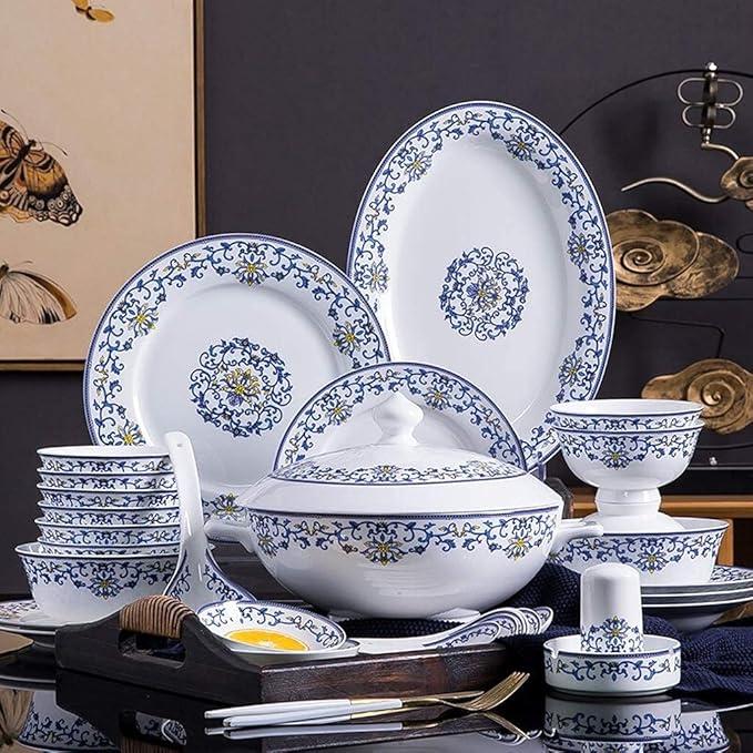 Ceramics Dinner Sets, 58 Pieces Dinnerware Set Blue and White Porcelain Style Bowl/Spoon/Plate - Family Party and Kitchen Restaurant