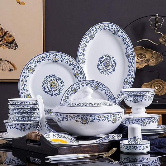 Ceramics Dinner Sets, 58 Pieces Dinnerware Set Blue and White Porcelain Style Bowl/Spoon/Plate - Family Party and Kitchen Restaurant