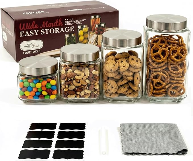 Canisters Set For The Kitchen,Glass storage jars,4Pcs Glass Storage Containers With Lids,For Kitchen Canning Flour, Cereal,Sugar,Candy,Pasta