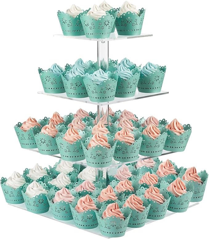 Acrylic Cupcake Stand Clear Cupcake Holder Display Stand Dessert Pastry Tower for Wedding Birthday Bar Party Décor (Square - 4 Tier)