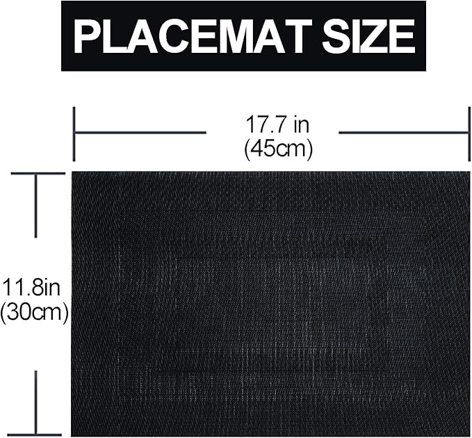Placemats,PlasticVinyl Washable Heat-Resistant Durable PVC Non-Slip Woven for Kitchen Dining Table Mats (Set of 4, Black)