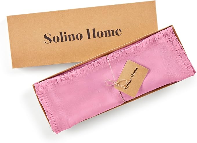 Solino Home Flamingo Pink Linen Placemats 14 x 19 Inch - 100% Pure Linen Juliette Ruffle Placemats Set of 4 - Handcrafted and Machine Washable Table Mats for Christmas