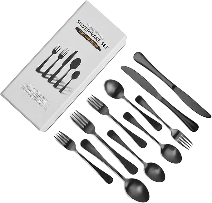 Matte Black Silverware Set for 8, 40 Pieces Heavy Duty Stainless Steel Flatware Set Utensils Cutlery Tableware Set Including Steak Knife Fork and Spoon, Gift Package for Wedding Housewarming