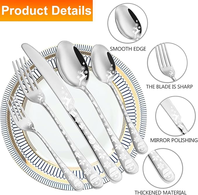 Vilihkc Christmas Style Silverware Set,20 Piece Stainless Steel Flatware Set, Kitchen Utensil Set Service for 4,Tableware Cutlery Set for Home and Restaurant,Dishwasher Safe