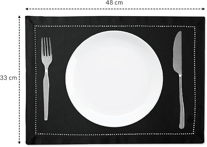 Encasa XO Placemats Set of 4 | Cotton Hemstitched Design | Black | Rectangular 19"x13" - Dining Table Mat | for Dining Table Fall Decoration, Holiday & Christmas Festivals - Machine Washable