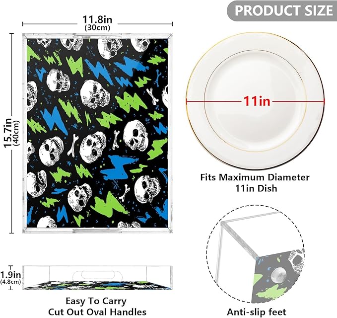 Serving Tray with Handles Clear Acrylic Tray 12x16 Inch Decorative Rectangular Tray Organizer for Ottoman Coffee Table Bathroom Skull Lightning Colorful