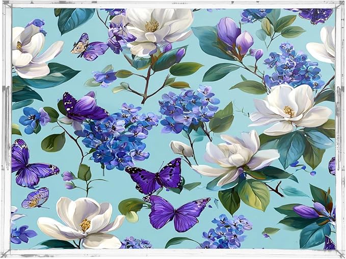 Serving Tray with Handles Clear Acrylic Tray 12x16 Inch Decorative Rectangular Tray Organizer for Ottoman Coffee Table Bathroom Elegant Hydrangeas Magnolias Butterflies