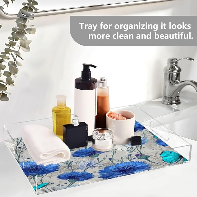 Serving Tray with Handles Clear Acrylic Tray 12x16 Inch Decorative Rectangular Tray Organizer for Ottoman Coffee Table Bathroom Vintage Blue Cornflowers and Turquoise Butterflies