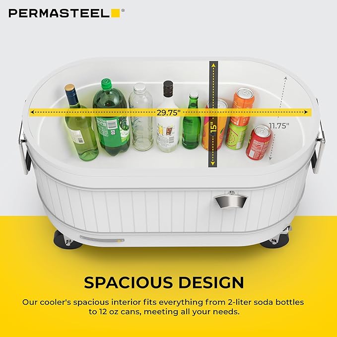 Permasteel Rolling Patio Cooler – Large Outdoor Ice Chest with Wheels, Beverage Cooler for Backyard, BBQ, Tailgate, Beach, Parties, Rustic Farmhouse Design