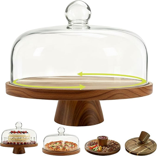 Acacia Wood Cake Stand with Scratch-Resistant Glass Dome Lid – 12-Inch Round Cake Holder with Screw-Type Base, Wooden Dessert Display Stand with Cover for Cakes, Pastries, Cheese & Charcuterie