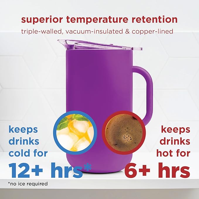 Served Premium Insulated Pitcher (2L/66oz) - Double Walled, Copper Lined Stainless Steel Pitcher with Lid - Vacuum Insulated Carafe for Hot Coffee, Tea, Iced Drinks, Water, Cocktails, and More