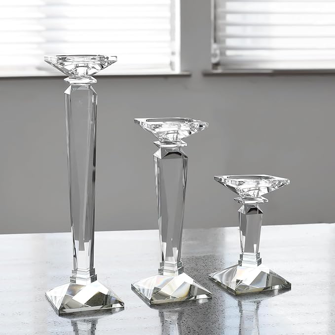 kitCom Crystal Candle Holders Set of 3, 9",10.5",11.5" Tall Crystal Candlestick Holders, Candlestick Holders Taper Candle Holders for Table Wedding Housewarming Gifts Decor