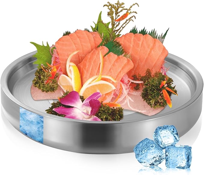 11" 304 Stainless Steel Cold Chilled Serving Tray with Ice Chamber, Silver Shrimp Cocktail Serving Dish, Appetizer Cooling Chilled Party Platter with Ice Underneath for Party Buffets (28cm)