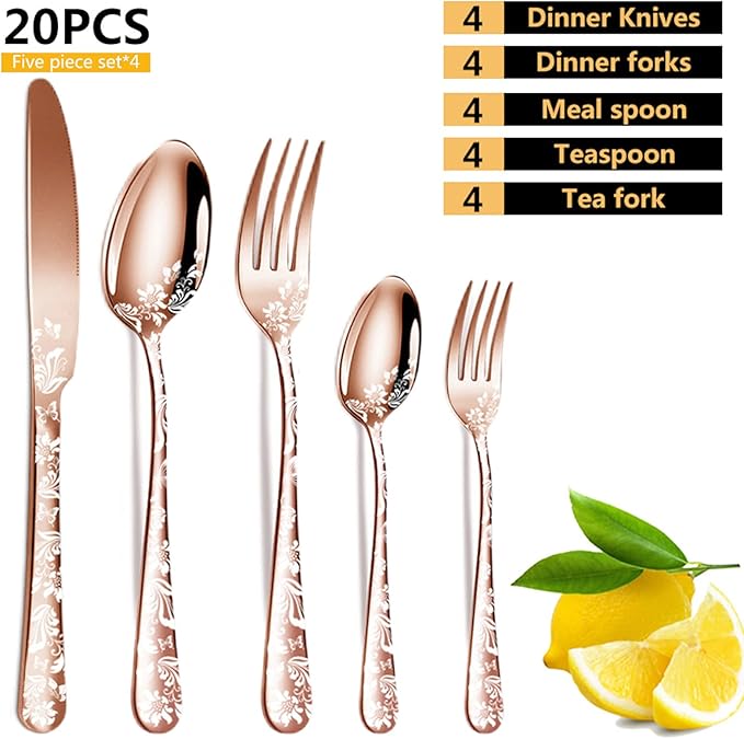 vilihkc 20 piece Unique Pattern Design Silverware Set, Stainless Steel Flatware Set Service for 4, Rose gold Cutlery Set, Mirror Polished Utensil Set for Kitchen, Dishwasher Safe