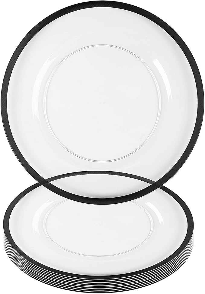 PARTY BARGAINS 13-Inch Charger Plates - 8 Pack, Clear Black Rim, Heavy-Duty Disposable Chargers for Elegant Dining - Ideal for Weddings and Formal Events