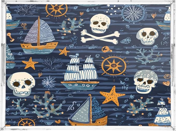 Serving Tray with Handles Clear Acrylic Tray 12x16 Inch Decorative Rectangular Tray Organizer for Ottoman Coffee Table Bathroom Blue Pirate Skulls Sailboats Starfish and Compass