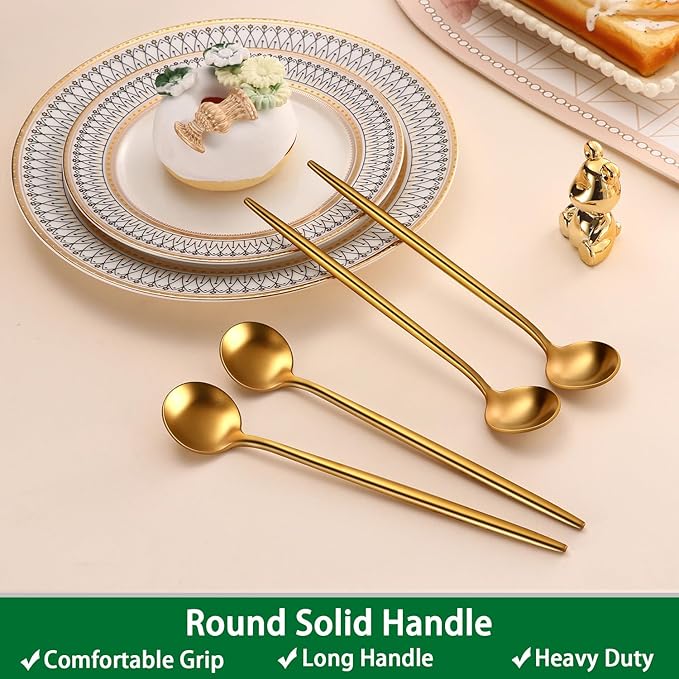 7.95 Inches Matte Gold Stainless Steel Iced Tea Spoons,Set Of 4 SS18/10 Cocktail Stirring Spoons,Long Handle Ice Teaspoons For Mixing,Coffee Stirrers,Ice Cream Spoon