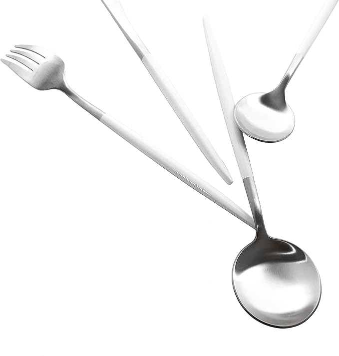 Matte Silverware Set, 20-Piece 18/10 Stainless Steel Satin Finish Flatware Set Service for 4, Kitchen Utensil Set, Tableware Cutlery Set for Home Restaurant (White Handle Silver, 20-Piece)