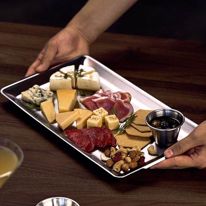 SUS304 Stainless Steel Serving Platters, Rectangle Metal Dinner Plate with Handles, Decorative Tray, Lightweight, Cheese Board, Oven Safe (14.17 x 7.87 inches)