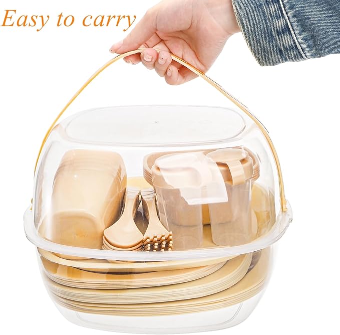 Tebery 46 Pack Camping Dinnerware Set for 6 Portable, Reusable Plastic Plate Bowl Fork Spoon Salt Pepper Shaker Set with Basket, Food Grade Picnic Dishes Cutlery Kit for Outdoor, Party, Travel, BBQ