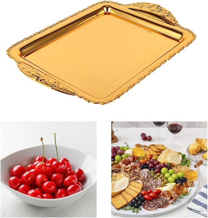 Decorative Fruit Tray Serving Platter Handcrafted Wearproof Drop Resistant Rectangle Plate Fruit Plate for Home Restaurant, Gold, Medium