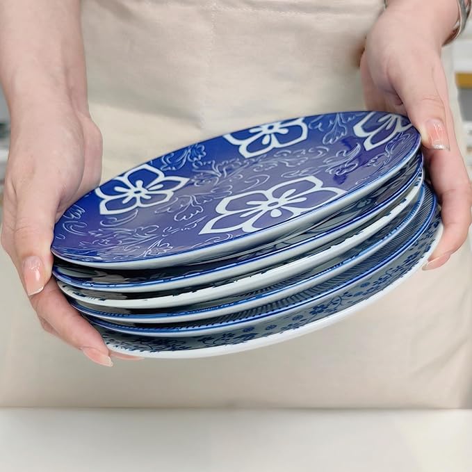 8 Inch Ceramic Dessert Salad Appetizer Pasta Steak Pancake Fruit Dinner Plates Set of 6, Premium Gift for House Warming, Birthday, Microwave/oven/Dishwasher Safe, Vintage Blue, Japanese Style