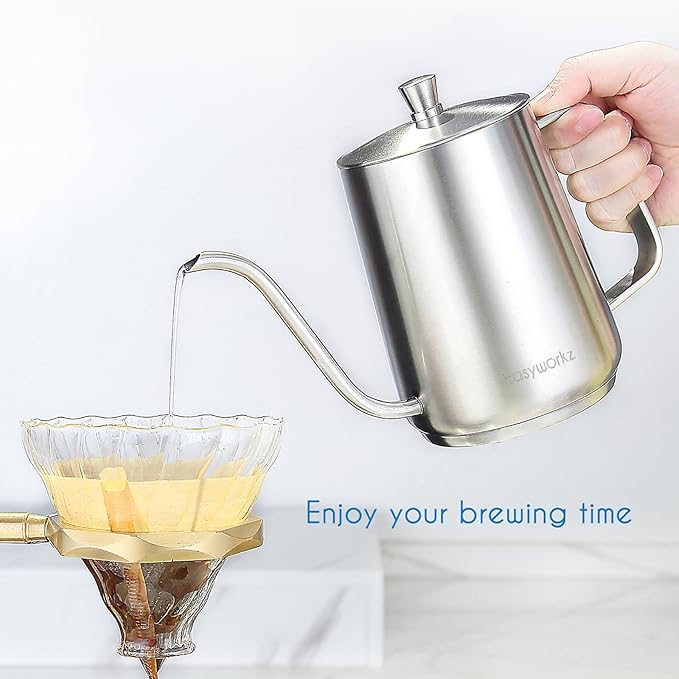 Easyworkz Gooseneck Pour Over Coffee Kettle 30 fl oz Stainless Steel Hand Drip Coffee Pot With Long Narrow Spout, Suitable for Induction Cookers, Silver