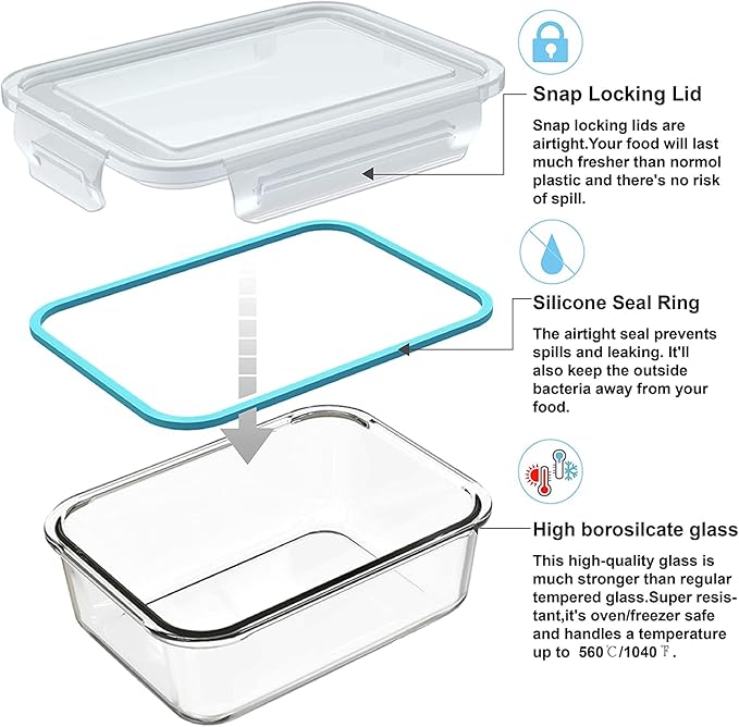 18 Piece Glass Food Storage Containers with Lids, Glass Meal Prep Containers, food storage Containers for Food Storage with Lids, BPA Free & Leak Proof (9 lids & 9 Containers)