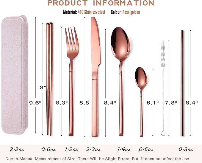 AARAINBOW 7 Pieces Stainless Steel Flatware Set Portable Reusable Cutlery Set Travel Utensils Set Including Chopsticks Knife Fork Spoon Straws Cleaning Brush Dishwasher Safe (Rose golden)