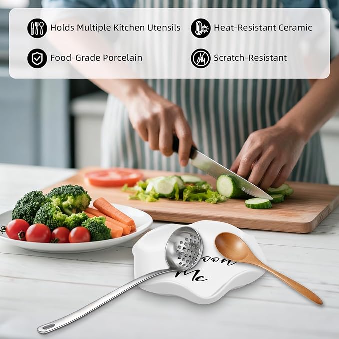 Funny Ceramic Spoon Rest for Kitchen Counter Stove Top, 5.8 Inch Heat-Resistant Utensil Holder for Cooking, Spoons, Ladles, Tongs, Cute Kitchen Decor, Housewarming Gift for Women Men (White)