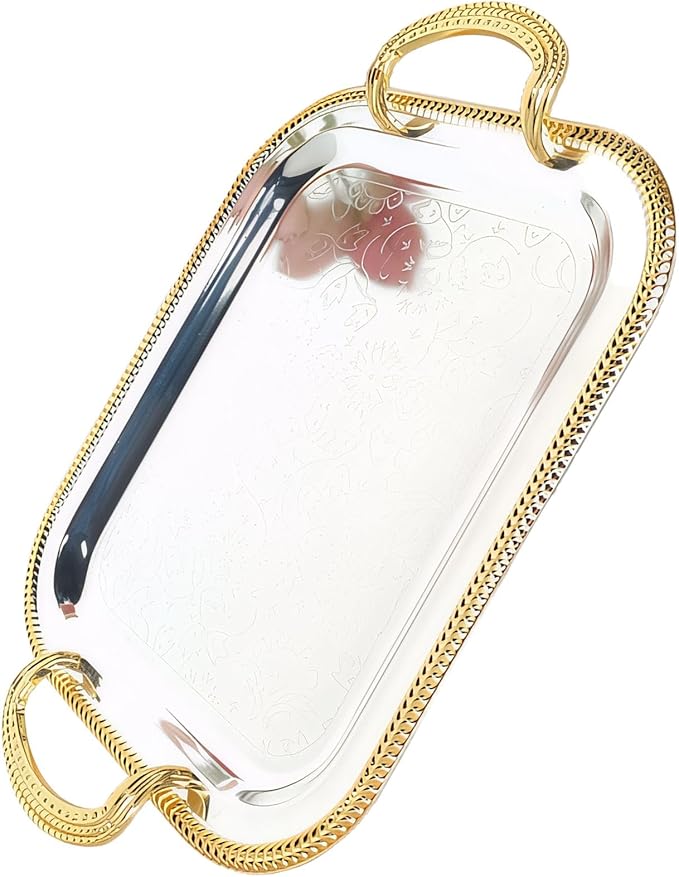 Rectangular Serving Tray in Silver with Gold Trim, Large Metal Serving Tray with Handles for Parties, European Style Tray for Food and Drink Service