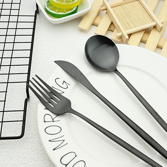 30-Piece Stainless Steel Silverware Set, Attractive Matte Finished Flatware Set, Serving for 6, Classic Cutlery set for Home/Restaurant，Includes Dessert Spoons Forks - Black