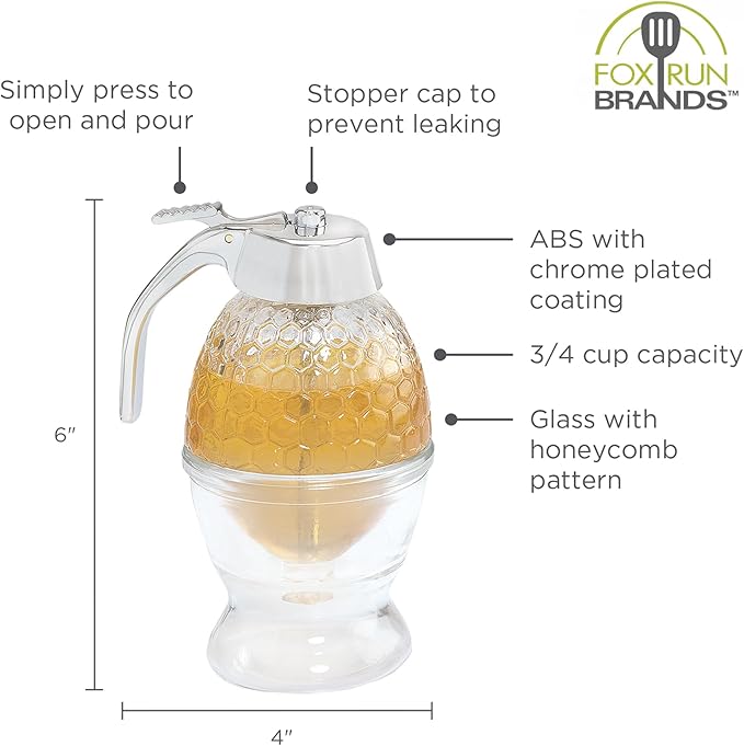 Fox Run Glass Honey and Syrup Dispenser With Warming Base, Clear, 3.25 x 4 x 6 inches