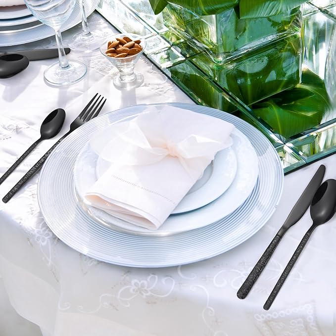 24 Pcs Black Hammered Silverware Set Service for 6,Stone Pattern Vintage Stainless Steel Flatware Set,Cutlery Utensil,Durable Kitchen Eating Tableware Set,Ripple Fork Knife Spoon Set,Dishwasher Safe