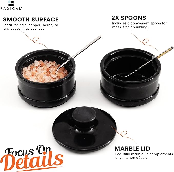 Radicaln Handmade Marble Black 5.5” Dual Salt Cellar With Lid – 2.3” Each Salt and Pepper Bowls Kitchen Container Storage Set – Ideal for Jewelry, Butter Keeper, Sugar & kitchen Décor