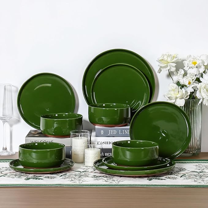 GZG Ceramic Dinner Plates Set of 4, 10.25 Inch Speckled Stoneware Plates with Clay-Tone Base, Large Ceramic Plates for Steak, Salad, Pizza, Microwave Oven Dishwasher Safe