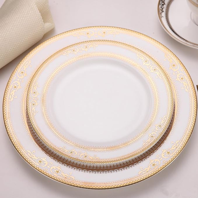 16 pieces bone china dishes set for 4, ceramic plate set with gold thread, elegant royal pattern dinnerware sets for wedding, housewarming, birthday