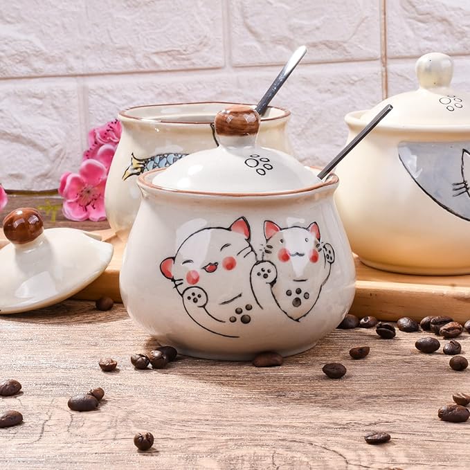 Ceramic Sugar Bowl with Lid and Spoon, Japanese Sugar Bowl with Spoon and Lid (Style 2)