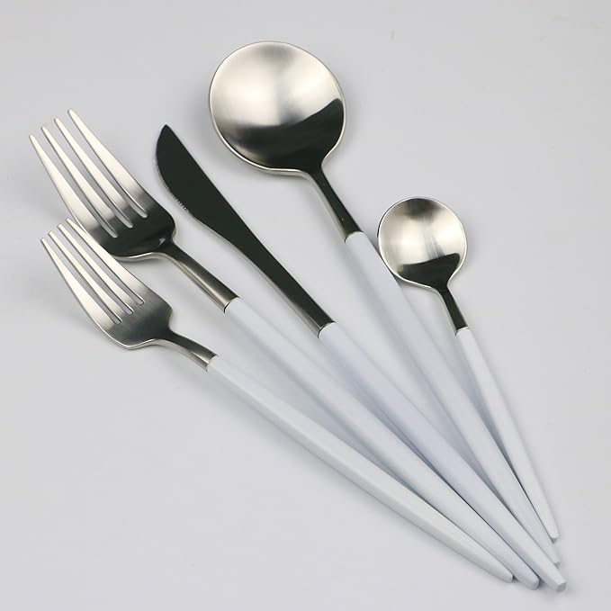 Customized 5-Piece 18/10 Stainless Steel Flatware Set, Serive for 1, With Fork Spoons Knife Teaspoon Dessert Fork for Home Kitchen Restaurant Hotel (White + Silver)